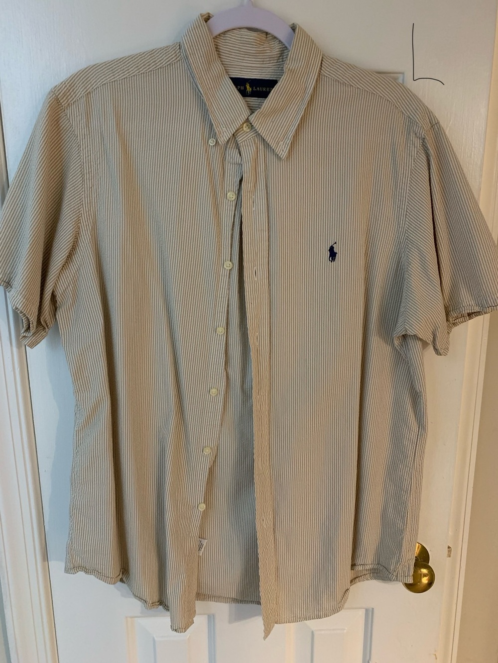 Ralph Lauren Beige and Navy Pinstripe Short-Sleeve Button-Down Shirt